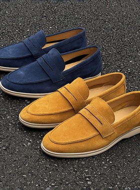 新款夏季懒人一脚蹬豆豆鞋男士休闲商务鞋黄色 蓝色