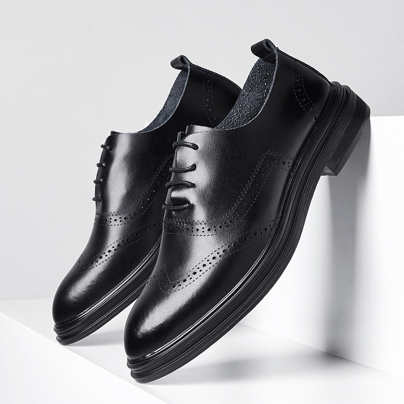 年新款布洛克真皮男鞋复古风男士系带雕花正装皮鞋