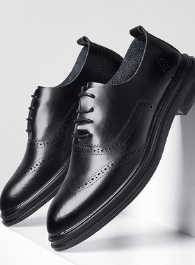 年新款布洛克真皮男鞋复古风男士系带雕花正装皮鞋
