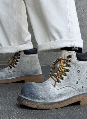 夏季新款潮款高级感英伦风马丁靴厚底增高男靴绿 白色