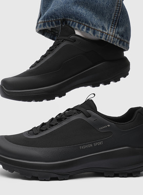 春季新款运动鞋黑色百搭厚底男鞋透气布面户外系带