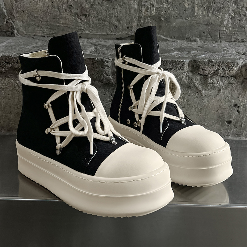 新款欧美潮流短靴高帮帆布透气黑白个性厚底加厚增高男鞋潮