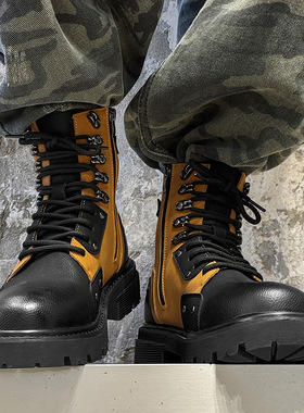 英伦风百搭拼色厚底高级感马丁靴新款男士休闲靴黄色