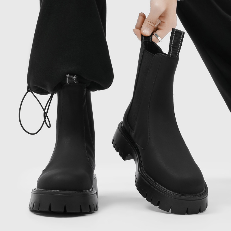 高筒机车靴子男厚底增高切尔西英伦风黑色潮款马丁靴