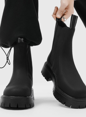 高筒机车靴子男厚底增高切尔西英伦风黑色潮款马丁靴