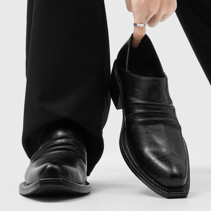 一脚蹬褶皱男款商务正装情侣同款黑色通勤做旧乐福德比鞋