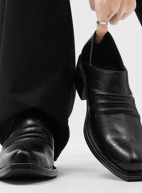 一脚蹬褶皱男款商务正装情侣同款黑色通勤做旧乐福德比鞋