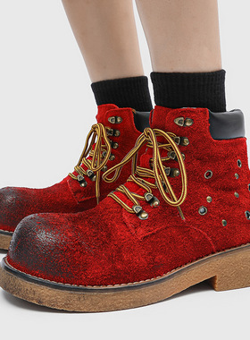 厚底马丁靴男女同款高帮机车大黄靴潮款高级感增高靴红色