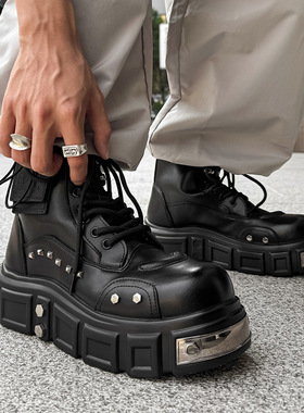 男夏季新款黑色小从潮流厚底增高大头马丁靴黑色