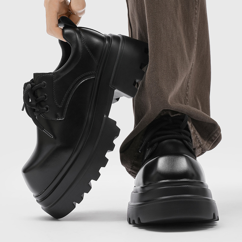 高级感方头男小众设计西装鞋透气大头厚底增高百搭德比鞋