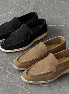 懒人软底舒适乐福鞋男一脚蹬平底通勤豆豆鞋黑色 卡其