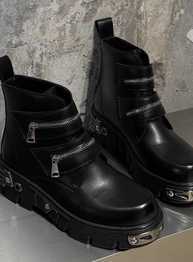 男士马丁靴黑色小从高帮圆头痞帅厚底增高男靴