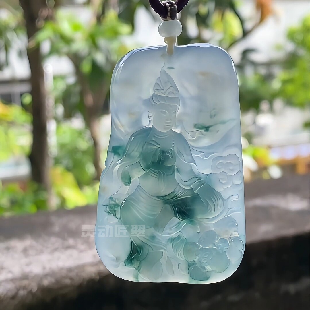 【沐莲心清净】 唯美冰种高胶蓝彩意境莲花观音牌 翡翠挂件吊坠