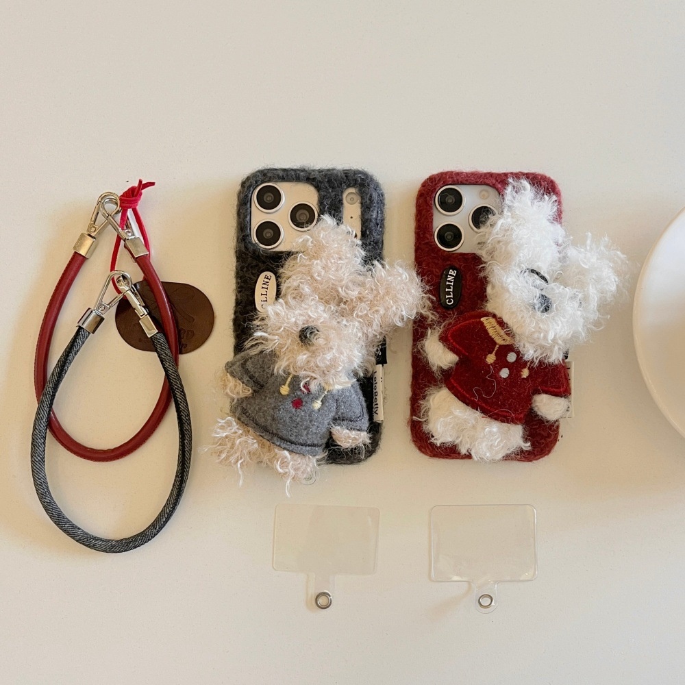 2025苹果17PROMAX卷毛公仔狗手机壳适用iPhone16/15PRO纯色挂绳14