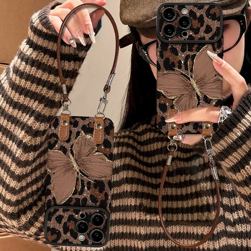 2025豹纹蝴蝶挂绳适用苹果17秋冬手机壳iphone15promax新款16硅胶