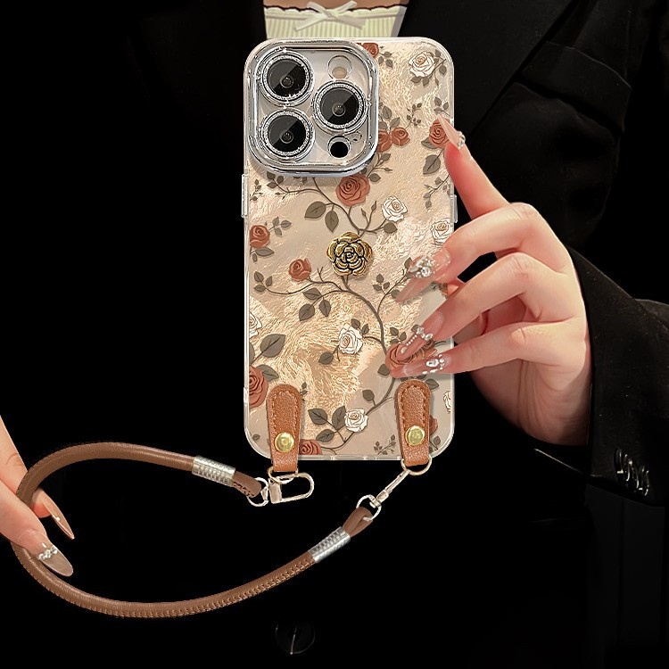 2025适用苹果17promax手机壳iphone15玫瑰山茶花公仔挂绳16复古