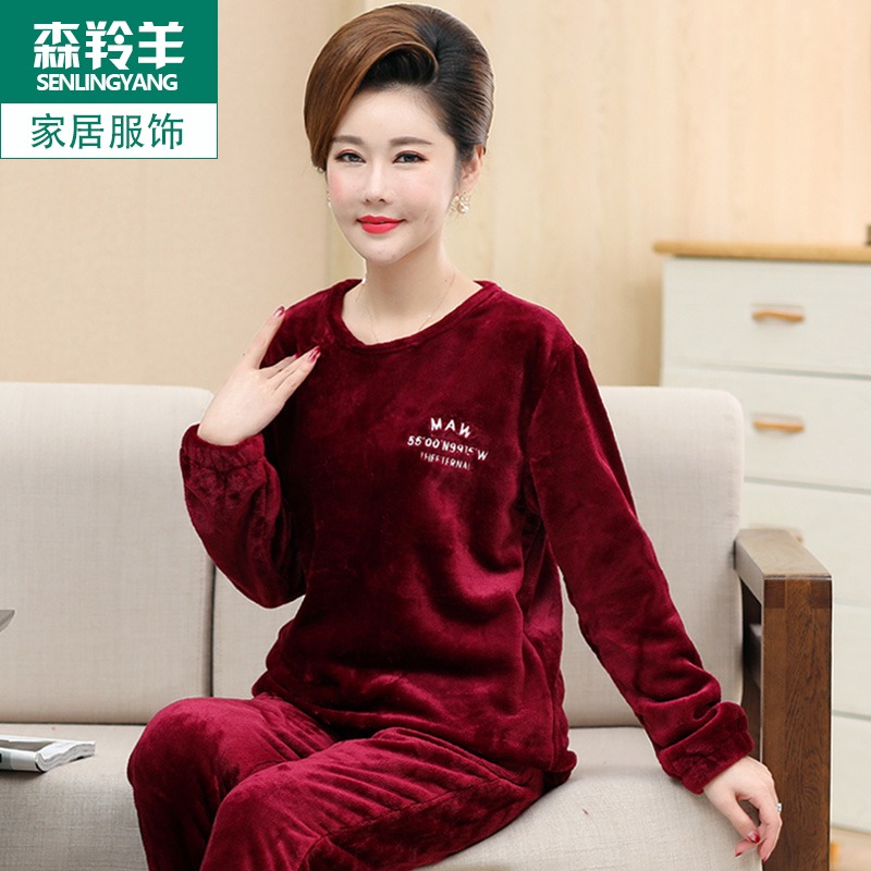 加厚法兰绒中老年睡衣女