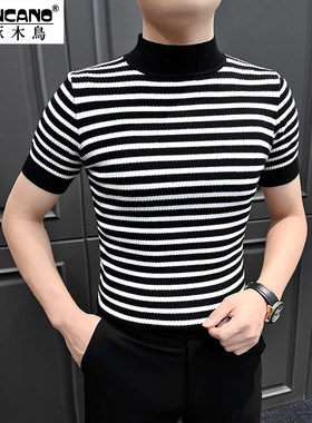 啄木鸟条纹半高领针织衫男士短袖修身内搭高级感毛衣半袖t恤打底