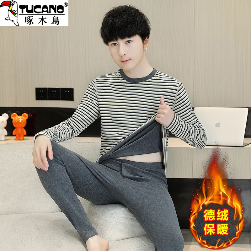 啄木鸟2025新款男士保暖内衣套装条纹休闲上衣男装长袖t恤两件套