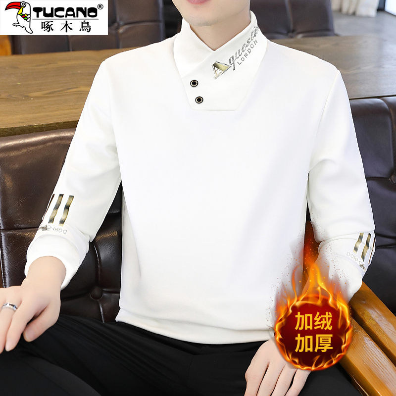 啄木鸟加绒加厚保暖卫衣男士交叉领套头t恤打底衫个性烫金上衣潮