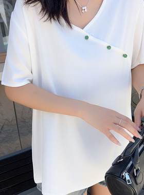 棉绸上衣女2025夏季新中式国风v领t恤衫显瘦洋气外穿人造棉短袖
