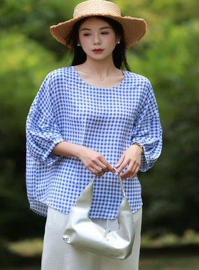 2025夏季新款棉绸短袖T恤女宽松休闲格子半袖人造棉上衣妇装薄款