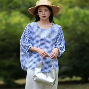新款 T恤女宽松休闲格子半袖 2025夏季 棉绸短袖 人造棉上衣妇装 薄款