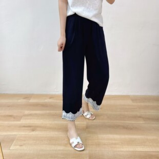 薄款 女夏季 宽松显瘦蕾丝花边垂感 棉绸九分阔腿裤 人造棉休闲直筒裤