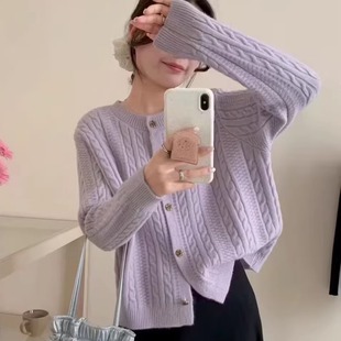 秋冬款 上衣 简约气质韩系圆领麻花针织女宽松慵懒风设计款 毛衣开衫