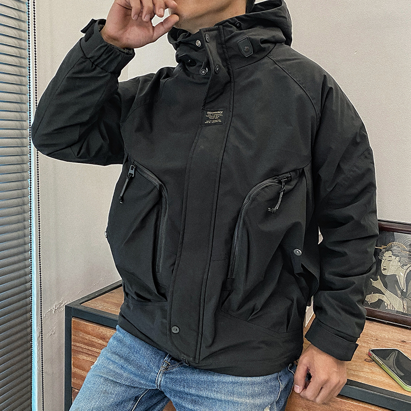 连帽冬季纯色夹克加棉夹克