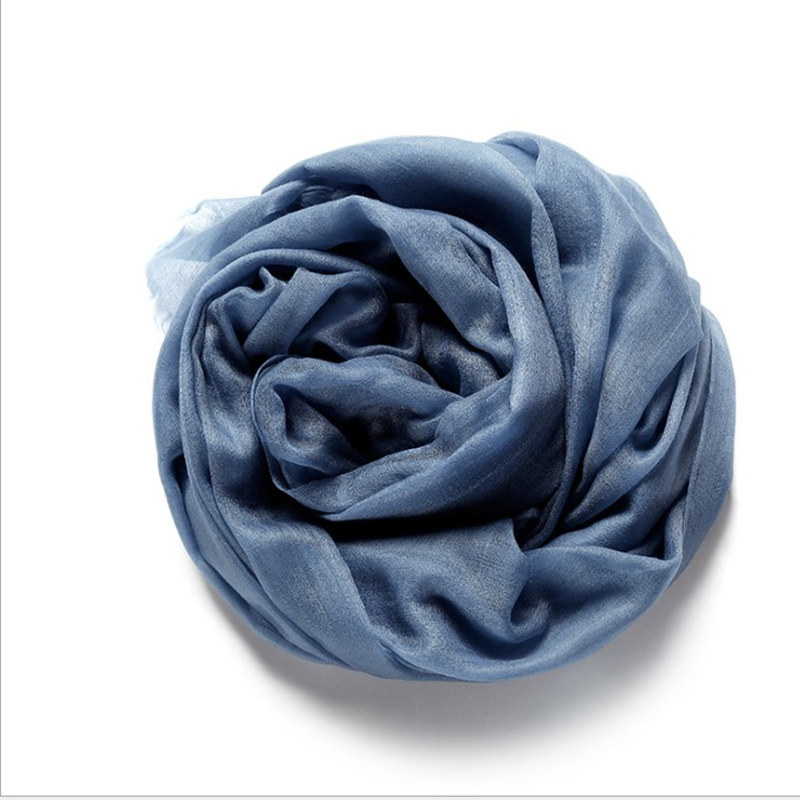 雾霾蓝色戒指绒纯羊绒围巾素色超薄款400支春秋冬季网红纯色披肩