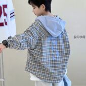 上衣男孩时尚 儿童洋气宽松长袖 连帽外套 2026春秋新款 男童格子衬衫