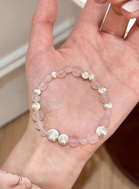 s925纯银拉丝猫眼串珠手串天然马粉水晶手链女简约小众招桃花手饰