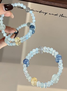 【冰心】原创天然海蓝宝蓝晶石灰月光黄塔晶清新手串轻奢高级感手