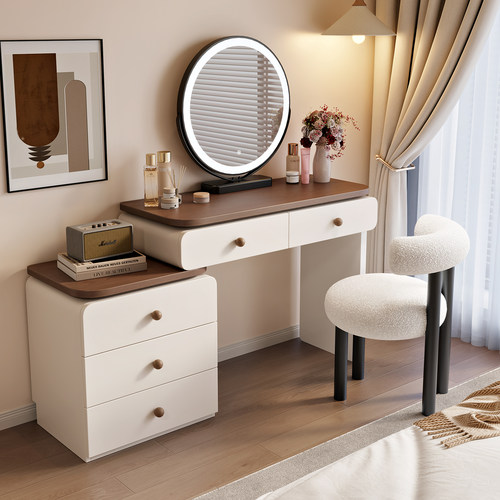 2025新款奶油风梳妆台卧室现代简约床尾实木斗柜收纳柜一体化妆桌