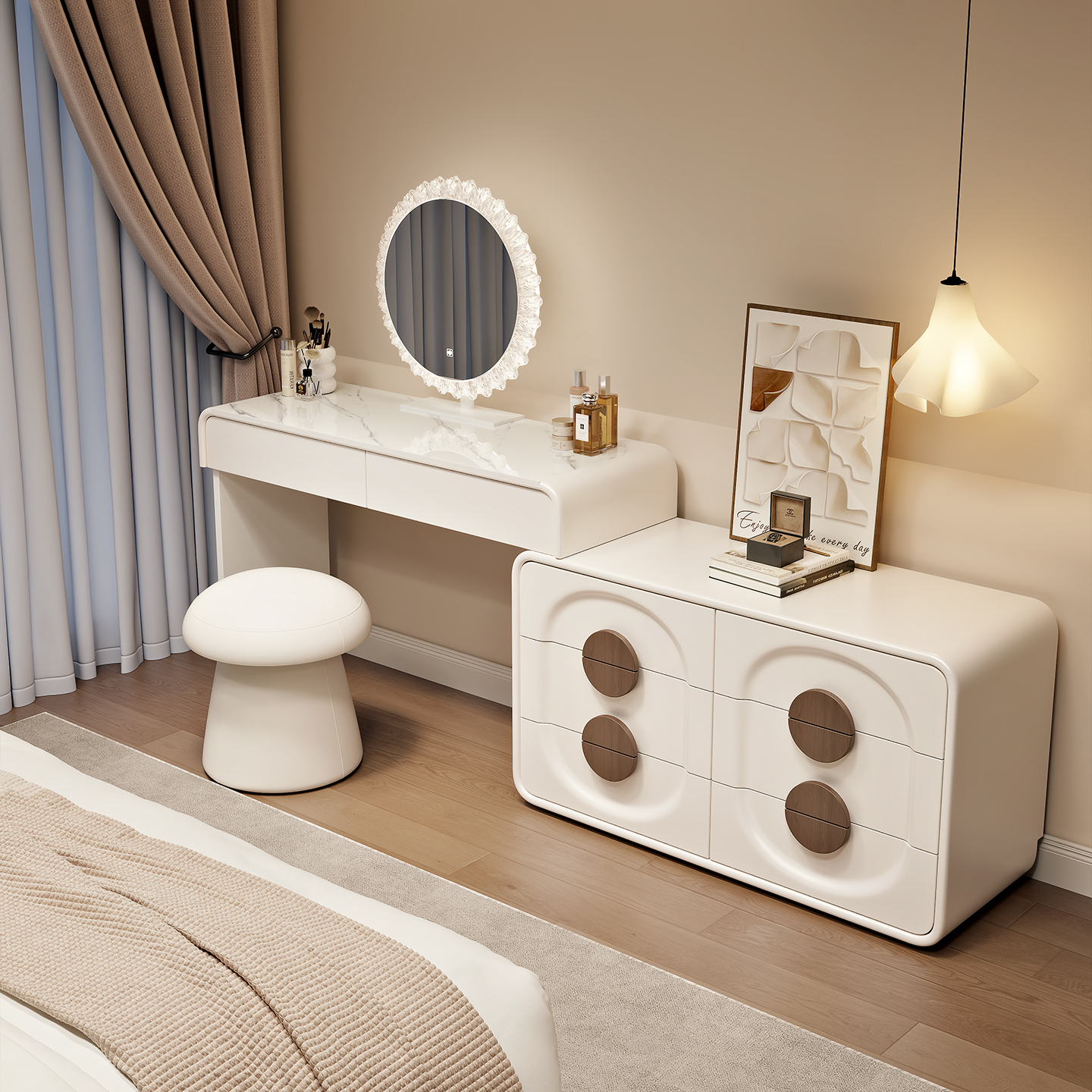 2025新款中古奶油风梳妆台卧室现代简约实木斗柜收纳柜一体化妆桌