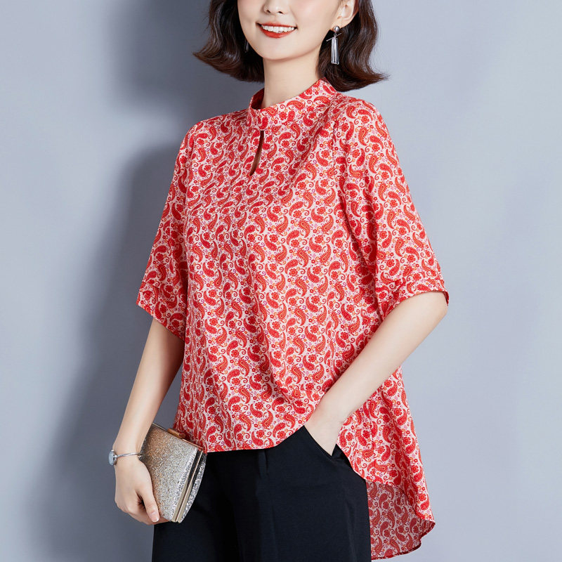 洋气中国风立领显瘦短袖衬衫女前短后长复古印花衬衣宽松碎花上衣