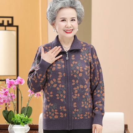 中老年女装加绒加厚外套上衣妈妈装羊毛针织衫拉链奶奶装秋冬毛衣