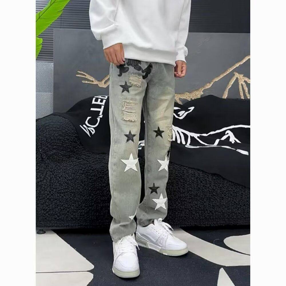 美式高街复古五角星贴皮补丁牛仔裤男女潮流街头嘻哈修身小脚长裤