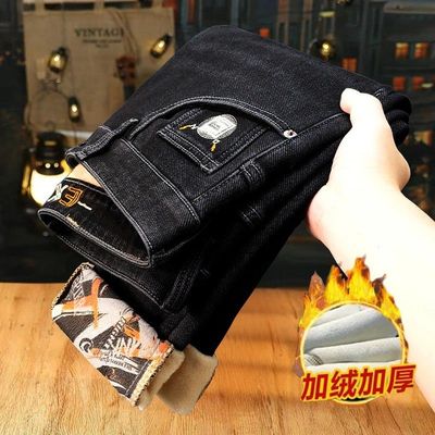 冬季保暖加绒加厚牛仔裤男士2025新款潮牌修身时尚刺绣弹力长裤子