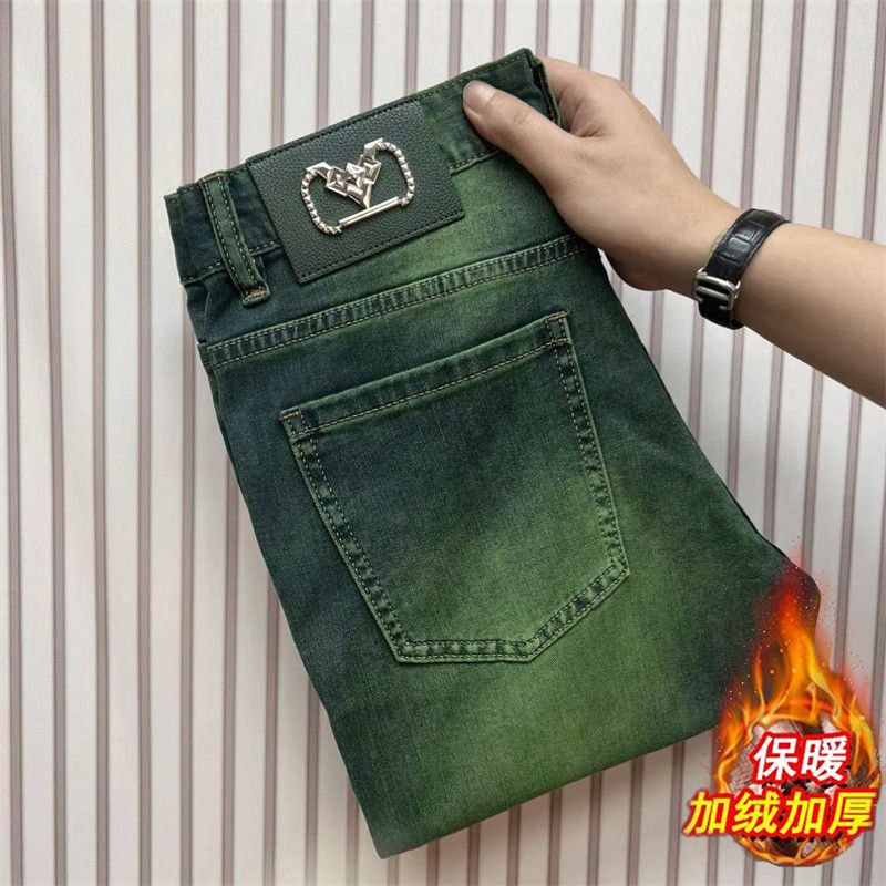 欧美复古绿水鬼加厚男士牛仔裤2025高端修身小直筒裤弹力显瘦男裤