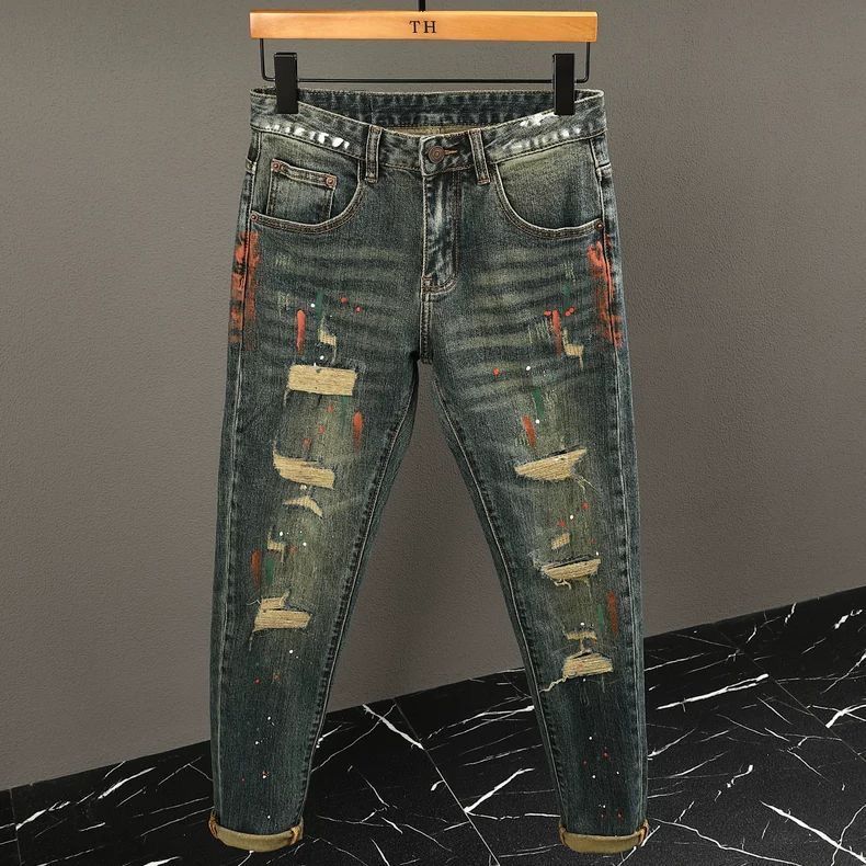 欧洲站泼墨涂鸦印花牛仔裤男春秋新款潮牌弹力修身小脚休闲长裤子