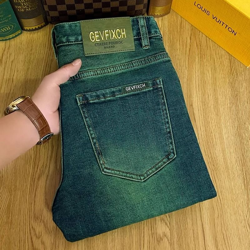 春季高端复古绿水鬼修身小直筒牛仔裤男士弹力时尚个性百搭男裤子