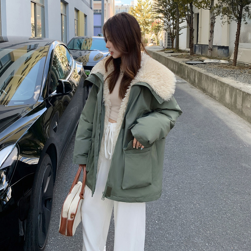 羊羔毛中长款棉衣女韩系加绒加厚工装派克棉服宽松大翻领棉袄外套