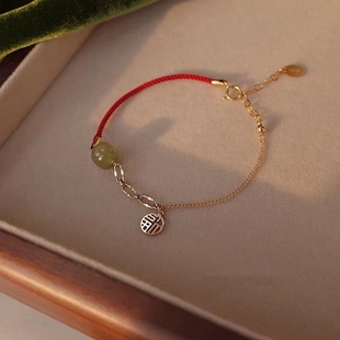 925银平安是福和田玉珠手链女小众设计本命年红绳转运2022年新款