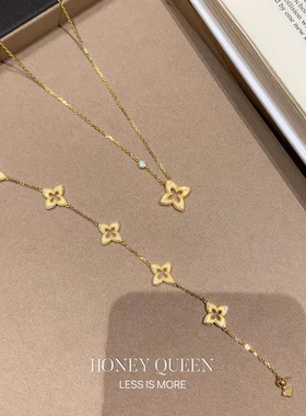 金色拉丝镂空四叶草项链耳环2025年新款精致中古高级感星芒锁骨链