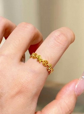 暴富马上有钱开口戒指女轻奢仿沙金黄金色铜钱小马钱币不掉色指环