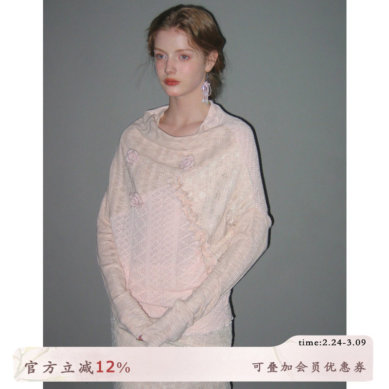 俗集原创 2025AW-1 披肩一字肩慵懒气质长袖针织套头上衣