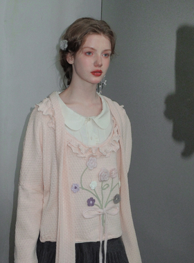 俗集原创 2025AW-1 假两件针织拼接衬衫花朵装饰假两件撞色上衣