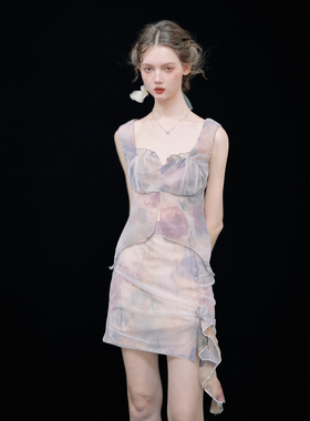 俗集原创 印花小众套装设计感吊带上衣+半身裙两件套装裙子